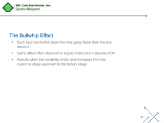 ‘-
21
• Each segment further down the whip goes faster than the one
above it
• Same effect often observed in supply chains but in reverse order
• Results when the variability of demand increases from the
customer stage upstream to the factory stage
The Bullwhip Effect
 