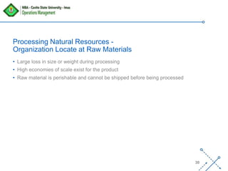 ‘-
30
Processing Natural Resources -
Organization Locate at Raw Materials
• Large loss in size or weight during processing
• High economies of scale exist for the product
• Raw material is perishable and cannot be shipped before being processed
 