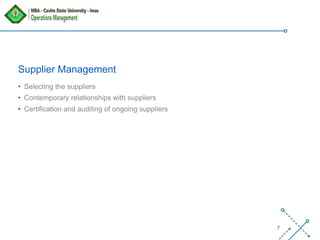 ‘-
7
Supplier Management
• Selecting the suppliers
• Contemporary relationships with suppliers
• Certification and auditing of ongoing suppliers
 