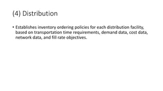 (4) Distribution
• Establishes inventory ordering policies for each distribution facility,
based on transportation time requirements, demand data, cost data,
network data, and fill rate objectives.
 