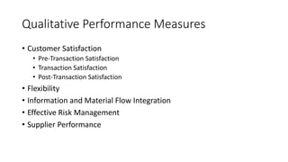 Qualitative Performance Measures
• Customer Satisfaction
• Pre-Transaction Satisfaction
• Transaction Satisfaction
• Post-Transaction Satisfaction
• Flexibility
• Information and Material Flow Integration
• Effective Risk Management
• Supplier Performance
 