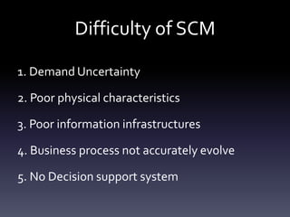 Difficulty of SCM
1. Demand Uncertainty
2. Poor physical characteristics
3. Poor information infrastructures
4. Business process not accurately evolve
5. No Decision support system
 