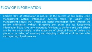 FLOW OF INFORMATION
 Efficient flow of information is critical for the success of any supply chain
management system. Information systems made for supply chain
management ensure that critical and useful information flows through the
system effortlessly without disrupting the chain and its functioning.
Information flows have very important functions to perform and their effects
can be felt substantially in the execution of physical flows of orders and
products, recording of inventory and shipping, codification of decision rules
and reporting of performance.
 