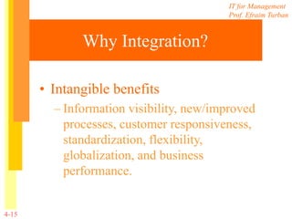 IT for Management
Prof. Efraim Turban
4-15
Why Integration?
• Intangible benefits
– Information visibility, new/improved
processes, customer responsiveness,
standardization, flexibility,
globalization, and business
performance.
 