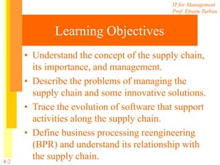 IT for Management
Prof. Efraim Turban
4-2
Learning Objectives
• Understand the concept of the supply chain,
its importance, and management.
• Describe the problems of managing the
supply chain and some innovative solutions.
• Trace the evolution of software that support
activities along the supply chain.
• Define business processing reengineering
(BPR) and understand its relationship with
the supply chain.
 