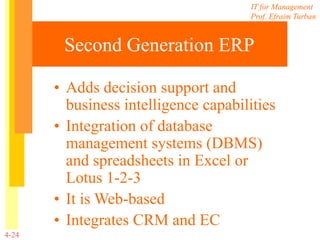 IT for Management
Prof. Efraim Turban
4-24
Second Generation ERP
• Adds decision support and
business intelligence capabilities
• Integration of database
management systems (DBMS)
and spreadsheets in Excel or
Lotus 1-2-3
• It is Web-based
• Integrates CRM and EC
 