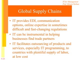 IT for Management
Prof. Efraim Turban
4-26
Global Supply Chains
• IT provides EDI, communication
options, online expertise in sometimes
difficult and fast-changing regulations
• IT can be instrumental in helping
businesses find trade partners
• IT facilitates outsourcing of products and
services, especially IT programming, to
countries with plentiful supply of labor,
at low cost
 