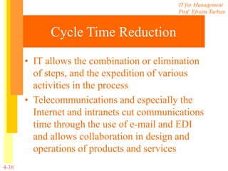 IT for Management
Prof. Efraim Turban
4-38
Cycle Time Reduction
• IT allows the combination or elimination
of steps, and the expedition of various
activities in the process
• Telecommunications and especially the
Internet and intranets cut communications
time through the use of e-mail and EDI
and allows collaboration in design and
operations of products and services
 