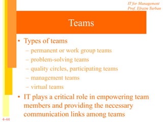 IT for Management
Prof. Efraim Turban
4-44
Teams
• Types of teams
– permanent or work group teams
– problem-solving teams
– quality circles, participating teams
– management teams
– virtual teams
• IT plays a critical role in empowering team
members and providing the necessary
communication links among teams
 