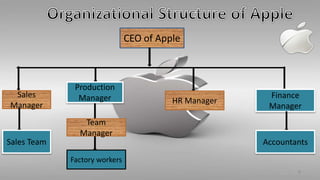 CEO of Apple
Sales
Manager
Sales Team
Production
Manager
Team
Manager
HR Manager
Finance
Manager
Accountants
Factory workers
9
 