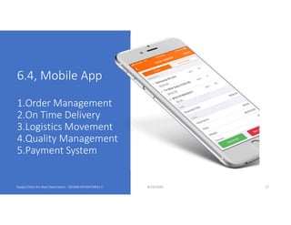 6.4, Mobile App
1.Order Management
2.On Time Delivery
3.Logistics Movement
4.Quality Management
5.Payment System
8/23/2020 17
 
