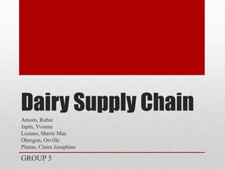Dairy Supply Chain
Amoin, Rubie
Japin, Yvonne
Lozano, Sherie Mae
Obregon, Orville
Planas, Claire Josephine

GROUP 5
 