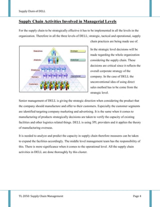 Supply Chain of DELL


Supply Chain Activities Involved in Managerial Levels

For the supply chain to be strategically effective it has to be implemented in all the levels in the
organization. Therefore in all the three levels of DELL; strategic, tactical and operational, supply
                                                           chain practices are being made use of.

                                                           In the strategic level decisions will be
                                                           made regarding the whole organization
                                                           considering the supply chain. These
                                                           decisions are critical since it reflects the
                                                           overall corporate strategy of the
                                                           company. In the case of DELL the
                                                           unconventional idea of using direct
                                                           sales method has to be come from the
                                                           strategic level.

Senior management of DELL is giving the strategic direction when considering the product that
the company should manufacture and offer to their customers. Especially the customer segments
are identified targeting company marketing and advertising. It is the same when it comes to
manufacturing of products strategically decisions are taken to verify the capacity of existing
facilities and other logistics related things. DELL is using 3PL providers and it applies the theory
of manufacturing overseas.

It is needed to analyze and predict the capacity in supply chain therefore measures can be taken
to expand the facilities accordingly. The middle level management team has the responsibility of
this. There is more significance when it comes to the operational level. All the supply chain
activities in DELL are done thoroughly by this cluster.




TL 2050: Supply Chain Management                                                                Page 4
 