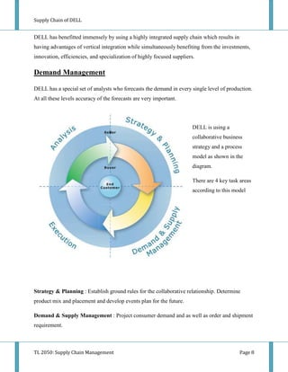 Supply Chain of DELL


DELL has benefitted immensely by using a highly integrated supply chain which results in
having advantages of vertical integration while simultaneously benefiting from the investments,
innovation, efficiencies, and specialization of highly focused suppliers.

Demand Management

DELL has a special set of analysts who forecasts the demand in every single level of production.
At all these levels accuracy of the forecasts are very important.




                                                                        DELL is using a
                                                                        collaborative business
                                                                        strategy and a process
                                                                        model as shown in the
                                                                        diagram.

                                                                        There are 4 key task areas
                                                                        according to this model




Strategy & Planning : Establish ground rules for the collaborative relationship. Determine
product mix and placement and develop events plan for the future.

Demand & Supply Management : Project consumer demand and as well as order and shipment
requirement.



TL 2050: Supply Chain Management                                                            Page 8
 