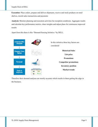 Supply Chain of DELL


Execution: Place orders, prepare and deliver shipments, receive and stock products on retail
shelves, record sales transactions and payments

Analysis: Monitor planning and execution activities for exception conditions. Aggregate results
and calculate key performance metrics, share insights and adjust plans for continuous improved
results

Apart from this there is this “Demand Sensing Initiative “by DELL.




                                                   In this initiative these key factors are
                                                   considered

                                                                   Historical Sales
                                                                      List price
                                                                     Promotions
                                                              Competitor promotions
                                                                 Inventory position
                                                                   Market trends



Therefore their demand analyses are mostly accurate which results in them getting the edge in
the business.




TL 2050: Supply Chain Management                                                              Page 9
 