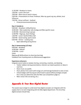 11:30	
  AM	
  –	
  Breakout	
  in	
  teams	
  
1:00	
  PM	
  –	
  Lunch:	
  Dim	
  Sum	
  
2:00	
  PM	
  –	
  More	
  time	
  to	
  work	
  in	
  teams	
  
5:00	
  PM	
  –	
  Presentations	
  to	
  Panel:	
  Professor,	
  Nike	
  rep,	
  guest	
  org	
  rep,	
  athlete,	
  local	
  
influencer	
  
7:00	
  PM	
  -­‐	
  Dinner	
  w/Panel	
  –	
  Seafood	
  
     • Prizes/announcements/sharing	
  
	
  
Day	
  2:	
  Outside-­‐in	
  
9:00	
  AM	
  –	
  Breakfast:	
  Coffee/Pastries	
  
10:00	
  AM	
  –	
  Nike	
  Leadership:	
  talk	
  strategy	
  and	
  Nike-­‐specific	
  issues	
  
11:00	
  AM	
  –	
  Brainstorming	
  in	
  groups	
  
12:00	
  PM	
  –	
  Regroup,	
  share	
  findings	
  
1:00	
  PM	
  –	
  Lunch:	
  Stanford	
  Mess	
  Hall	
  
2:00	
  PM	
  –	
  Social	
  outing,	
  sports	
  event	
  
6:00	
  PM	
  –	
  Dinner	
  –	
  cooking	
  class	
  
     • Open	
  debriefing	
  during	
  dinner	
  
	
  
Day	
  3:	
  Homecoming	
  (1/2	
  day)	
  
9:00	
  AM	
  –	
  Breakfast	
  
10:00	
  AM	
  –	
  Debrief	
  
12:00	
  PM	
  –	
  Lunch	
  
Leave	
  
Regroup	
  @	
  WHQ	
  w/team	
  to	
  share	
  key	
  learnings	
  
Feedback	
  from	
  traveling	
  team	
  on	
  effectiveness/suggestions	
  
	
  
Experience	
  enhancers:	
  
Integrate	
  social	
  media	
  to	
  catalyze	
  sharing,	
  connecting,	
  creativity,	
  and	
  ideating.	
  
     • Twitter	
  sidebars	
  during	
  presentations,	
  listeners	
  can	
  tweet	
  questions	
  or	
  ideas	
  in	
  
             real	
  time	
  
     • Share	
  music	
  via	
  spotify	
  
     • Share	
  photos	
  from	
  event	
  with	
  instagr.am	
  and	
  leverage	
  facebook	
  to	
  vote	
  on	
  best	
  
     • Unlock	
  badges	
  with	
  foursquare	
  which	
  lead	
  to	
  special	
  offsite	
  privileges	
  (maybe	
  
             this	
  is	
  how	
  you	
  determine	
  who	
  the	
  Nike	
  case	
  competition	
  judge	
  is)	
  
     • Nike+	
  (most	
  mile	
  ran	
  during,	
  etc.)	
  
	
  


Appendix G: Your New Digital Roster
	
  	
  
The	
  easiest	
  way	
  to	
  begin	
  to	
  understand	
  how	
  digital	
  concepts	
  can	
  integrate	
  with	
  the	
  
supply	
  chain	
  is	
  to	
  start	
  integrating	
  with	
  the	
  Nike	
  digital	
  department.	
  This	
  list	
  of	
  key	
  
digital	
  contacts	
  should	
  help.	
  
	
  


	
                                                                    	
                                                                15	
  
 