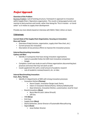 Project Approach
Overview	
  of	
  the	
  Problem	
  
Business	
  Problem:	
  Lack	
  of	
  existing	
  structure,	
  framework	
  in	
  approach	
  to	
  innovation	
  
within	
  Supply	
  Chain	
  /	
  Operations	
  organization.	
  This	
  results	
  in	
  being	
  opportunistic	
  and	
  
reactive	
  to	
  best	
  practices	
  and	
  trends,	
  rather	
  than	
  being	
  the	
  “first	
  in	
  market	
  –	
  or	
  trend-­‐
setter”	
  as	
  it	
  relates	
  to	
  supply	
  chain	
  development	
  
	
  
Provide	
  any	
  more	
  details	
  based	
  on	
  interview	
  with	
  Nikhil	
  /	
  Deb	
  /	
  others	
  on	
  team.	
  
	
  
3	
  Sub-­‐groups:	
  
	
  	
  
Current	
  State	
  of	
  the	
  Supply	
  Chain	
  Organization,	
  focusing	
  on	
  innovation:	
  	
  
Bree	
  and	
  Tanner	
  
         • Overview	
  of	
  dept	
  (mission,	
  organization,	
  supply	
  chain	
  flow	
  chart,	
  etc.)	
  
         • Current	
  process	
  for	
  innovation	
  
         • Description	
  of	
  any	
  previous	
  efforts	
  to	
  improve	
  the	
  innovation	
  process	
  
	
  
External	
  Benchmarking	
  innovation:	
  	
  
Cydney	
  and	
  Mari	
  
         • Identify	
  2-­‐3	
  companies	
  that	
  have	
  strong	
  innovation	
  organizations	
  
                  o Look	
  at	
  a	
  possible	
  Forbes	
  list	
  (100	
  most	
  innovative	
  companies)	
  
                  o Google	
  
         • Complete	
  a	
  small	
  case	
  study	
  on	
  each	
  of	
  these	
  organizations	
  documenting	
  best	
  
            practices	
  and	
  areas	
  that	
  may	
  not	
  work	
  so	
  well	
  
         • Could	
  supplement	
  this	
  with	
  a	
  small	
  amount	
  of	
  academic	
  research	
  
                  o Lots	
  of	
  academic	
  reviews/research,	
  etc.	
  on	
  Ideo	
  
	
  
Internal	
  Benchmarking	
  innovation:	
  
Evan,	
  Rory,	
  Tierney	
  
         • Identify	
  2-­‐3	
  departments	
  at	
  NIKE	
  with	
  strong	
  innovation	
  processes	
  
                  o Innovation	
  Kitchen	
  (Tierney)	
  
                              Aaron	
  Cooper,	
  Innovation	
  Design	
  Lead,	
  Pantry	
  
                              Intern	
  in	
  Innovation	
  Kitchen/Pantry:	
  Anthony	
  DeRothschild	
  
                              Dave	
  Schenone,	
  Innovation	
  Kitchen,	
  customization,	
  local	
  for	
  local	
  
                  o Brand	
  Innovations	
  (Rory)	
  
                              Byron	
  Merritt	
  (asst:	
  Jolene	
  Driscoll)	
  
                              Jeff	
  Cha	
  
                  o IHM	
  (Rory)	
  
                  o Knit	
  Cave	
  
                  o Supply	
  Chain	
  (Rory)	
  
                  o Sharla	
  Settlemier,	
  Senior	
  Director	
  of	
  Sustainable	
  Manuafcturing	
  
                  o Digital	
  (Evan)	
  
                              Jesse	
  Stollak:	
  Director	
  


	
                                                                  	
                                                                 5	
  
 