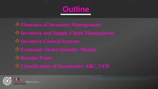 Outline
CIE
C R E A T I V E I N D U S T R I A L
E N G I N E E R S
Elements of InventoryManagement
Inventory and Supply Chain Management
Inventory Control Systems
Economic Order Quantity Models
Reorder Point
Classification of Inventories: ABC, VED
 