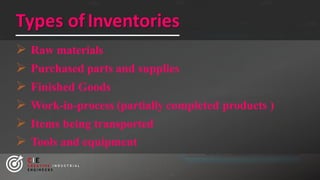 Types ofInventories
 Raw materials
 Purchased parts and supplies
 Finished Goods
 Work-in-process (partially completed products )
 Items being transported
 Tools and equipment
CIE
C R E A T I V E I N D U S T R I A L
E N G I N E E R S
 