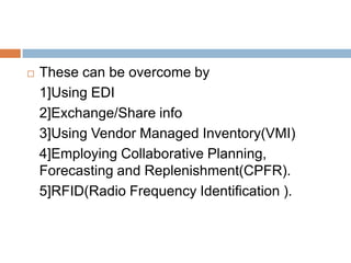    These can be overcome by
    1]Using EDI
    2]Exchange/Share info
    3]Using Vendor Managed Inventory(VMI)
    4]Employing Collaborative Planning,
    Forecasting and Replenishment(CPFR).
    5]RFID(Radio Frequency Identification ).
 