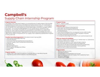 Campbell's
Supply Chain Internship Program
Program Overview
The Supply Chain Internship Program is a comprehensive, 12-week program that provides
broad exposure and learning to Campbell’s businesses and functions. You will be given a
detailed project(s) and work plan(s) to deliver by the end of the program. In this program,
you will benefit from coaching by committed stakeholders including a manager, mentor,
and others. You will be provided feedback on your performance, contribution, and
leadership. Our program will enable you to accelerate knowledge of our organization,
provide you with a solid foundational understanding in end-to-end supply chain, and
develop your leadership skills. Dependent on your performance and leadership, full time
offers will be made to rising seniors for our Supply Chain Leadership Development Program
or Entry Level role.
Possible Internship Assignments (to be determined in Spring 2023)
• Capacity/Demand/Supply Planning
• Commercialization
• Continuous Improvement/Operational Excellence
• Customer Supply Chain/Transportation/Warehouse
• Engineering
• Manufacturing
• Network Optimization
• PMO (Program Management Office)
• Procurement
• Quality
Program Location (to be determined in Spring 2023)
• Supply Chain roles may be located at a corporate office or manufacturing site
• Engineering roles will be located at a manufacturing site
What you’ll gain
• Personal and professional development
• Meaningful real-world work experience
• Exposure to senior leadership and strategic business
activities/decisions
• Coaching and feedback from an assigned mentor and/or buddy
• Internal training opportunities through Campbell University
• Countless networking opportunities
• A competitive advantage resulting from your practical experiences
What we require of candidates
• Degree in Supply Chain, Engineering, or related major (i.e. Operations)
• Cumulative GPA of 3.0 or higher
• Self-starter with ability to multi-task and take initiative
• Demonstrated technical skills, results, and leadership
• Agile learner with demonstrated self-awareness and flexibility
• Possess strong analytical and problem-solving abilities
• Able to thrive in a team environment
Program Perks
• Networking opportunities
• Volunteering events
• Multiple ERGs (Employee Resource Groups)
• Opportunity to connect with Supply Chain Leadership Team
• Relocation Assistance
• Flexible work models
Program Timing
May 15 – August 4, 2023
 