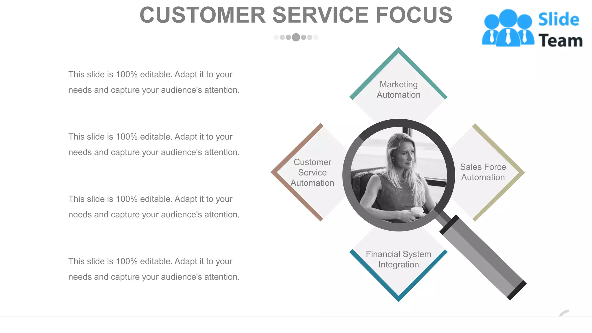 CUSTOMER SERVICE FOCUS
This slide is 100% editable. Adapt it to your
needs and capture your audience's attention.
This slide is 100% editable. Adapt it to your
needs and capture your audience's attention.
This slide is 100% editable. Adapt it to your
needs and capture your audience's attention.
This slide is 100% editable. Adapt it to your
needs and capture your audience's attention.
Marketing
Automation
Sales Force
Automation
Financial System
Integration
Customer
Service
Automation
www.company.com 21
 