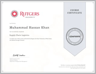 EDUCA
T
ION FOR EVE
R
YONE
CO
U
R
S
E
C E R T I F
I
C
A
TE
COURSE
CERTIFICATE
04/16/2020
Muhammad Hassan Khan
Supply Chain Logistics
an online non-credit course authorized by Rutgers the State University of New Jersey
and offered through Coursera
has successfully completed
Rudolf Leuschner, Ph.D.
Associate Professor
Department of Supply Chain Management
Verify at coursera.org/verify/ATSRQ5RM96WC
Coursera has confirmed the identity of this individual and
their participation in the course.
 