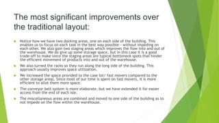 The most significant improvements over
the traditional layout:
 Notice how we have two docking areas, one on each side of the building. This
enables us to focus on each task in the best way possible - without impeding on
each other. We also gain two staging areas which improves the flow into and out of
the warehouse. We do give up some storage space, but in this case it is a good
trade-off to make since the staging areas are typical bottleneck spots that hinder
the efficient movement of products into and out of the warehouse.
 We also turned the racks so they run along the long side of the building. This
approach usually improves space utilization.
 We increased the space provided to the case lot/ fast movers compared to the
other storage areas. Since most of our time is spent on fast movers, it is more
efficient to allot them more space.
 The conveyor belt system is more elaborate, but we have extended it for easier
access from the end of each isle.
 The miscellaneous areas are combined and moved to one side of the building as to
not impede on the flow within the warehouse.
 