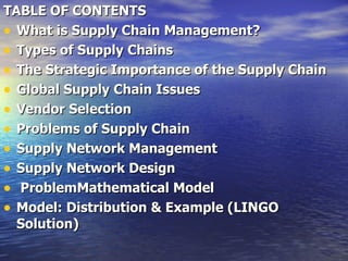 TABLE OF CONTENTS What is Supply Chain Management?   Types of Supply Chains   The Strategic Importance of the Supply Chain Global Supply Chain Issues Vendor Selection Problems of Supply Chain Supply Network Management  Supply Network Design ProblemMathematical Model Model: Distribution & Example (LINGO Solution) 
