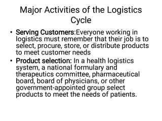  
Major Activities of the Logistics
Cycle
•
•
Serving Customers:Everyone working in
logistics must remember that their job is to
select, procure, store, or distribute products
to meet customer needs
Product selection: In a health logistics
system, a national formulary and
therapeutics committee, pharmaceutical
board, board of physicians, or other
government-appointed group select
products to meet the needs of patients.
 
