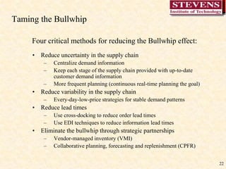 22Taming the BullwhipFour critical methods for reducing the Bullwhip effect:Reduce uncertainty in the supply chainCentralize demand informationKeep each stage of the supply chain provided with up-to-date customer demand informationMore frequent planning (continuous real-time planning the goal) Reduce variability in the supply chainEvery-day-low-price strategies for stable demand patternsReduce lead timesUse cross-docking to reduce order lead timesUse EDI techniques to reduce information lead timesEliminate the bullwhip through strategic partnershipsVendor-managed inventory (VMI)Collaborative planning, forecasting and replenishment (CPFR)