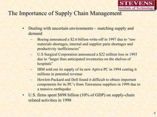 9The Importance of Supply Chain Management Dealing with uncertain environments – matching supply and demandBoeing announced a $2.6 billion write-off in 1997 due to “raw materials shortages, internal and supplier parts shortages and productivity inefficiencies”U.S Surgical Corporation announced a $22 million loss in 1993 due to “larger than anticipated inventories on the shelves of hospitals”IBM sold out its supply of its new Aptiva PC in 1994 costing it millions in potential revenueHewlett-Packard and Dell found it difficult to obtain important components for its PC’s from Taiwanese suppliers in 1999 due to a massive earthquakeU.S. firms spent $898 billion (10% of GDP) on supply-chain related activities in 1998