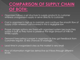   Organized follows a set structure to supply products to customer
    whereas unorganized supply or serve directly to customer.

   Cost in organized is high as to maintain and continue the smooth flow of
    supply chain whereas cost involved in this is negligible low

   Proper storage options are there with organized system because they
    supply in bulk so they have to preserve the large amount of milk for
    timely supply.

   Demand forecasting is proper in organized as they got feedback from
    customers regular, so less chances of wastage.

   Lead time in unorganized is less as the market is very small.

   Flow of information might be detractive as it flows through different
    levels.
 