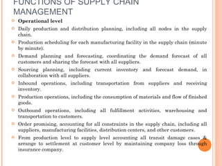 FUNCTIONS OF SUPPLY CHAIN
MANAGEMENT
   Operational level
   Daily production and distribution planning, including all nodes in the supply
    chain.
   Production scheduling for each manufacturing facility in the supply chain (minute
    by minute).
   Demand planning and forecasting, coordinating the demand forecast of all
    customers and sharing the forecast with all suppliers.
   Sourcing planning, including current inventory and forecast demand, in
    collaboration with all suppliers.
   Inbound operations, including transportation from suppliers and receiving
    inventory.
   Production operations, including the consumption of materials and flow of finished
    goods.
   Outbound operations, including all fulfillment activities, warehousing and
    transportation to customers.
   Order promising, accounting for all constraints in the supply chain, including all
    suppliers, manufacturing facilities, distribution centers, and other customers.
   From production level to supply level accounting all transit damage cases &
    arrange to settlement at customer level by maintaining company loss through
    insurance company.
 