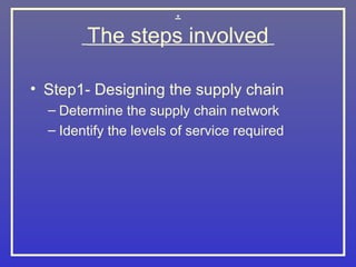.
        The steps involved

• Step1- Designing the supply chain
  – Determine the supply chain network
  – Identify the levels of service required
 