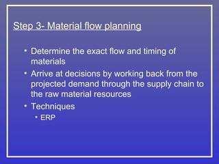 Step 3- Material flow planning

  • Determine the exact flow and timing of
    materials
  • Arrive at decisions by working back from the
    projected demand through the supply chain to
    the raw material resources
  • Techniques
     • ERP
 