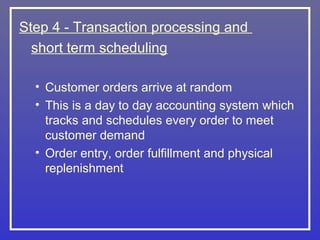 Step 4 - Transaction processing and
  short term scheduling

  • Customer orders arrive at random
  • This is a day to day accounting system which
    tracks and schedules every order to meet
    customer demand
  • Order entry, order fulfillment and physical
    replenishment
 