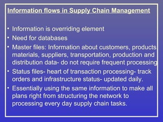 Information flows in Supply Chain Management

• Information is overriding element
• Need for databases
• Master files: Information about customers, products,
  materials, suppliers, transportation, production and
  distribution data- do not require frequent processing
• Status files- heart of transaction processing- track
  orders and infrastructure status- updated daily.
• Essentially using the same information to make all
  plans right from structuring the network to
  processing every day supply chain tasks.
 