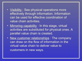 • Visibility : See physical operations more
  effectively through information. Information
  can be used for effective coordination of
  value chain activities.
• Mirroring capability : In this stage, virtual
  activities are substituted for physical ones. A
  parallel value chain is created.
• New customer relationships : The company
  can draw on the flow of information in the
  virtual value chain to deliver value to
  customers in new ways.
 