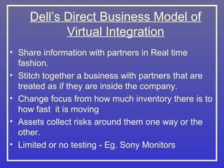 Dell’s Direct Business Model of
            Virtual Integration
• Share information with partners in Real time
  fashion.
• Stitch together a business with partners that are
  treated as if they are inside the company.
• Change focus from how much inventory there is to
  how fast it is moving
• Assets collect risks around them one way or the
  other.
• Limited or no testing - Eg. Sony Monitors
 