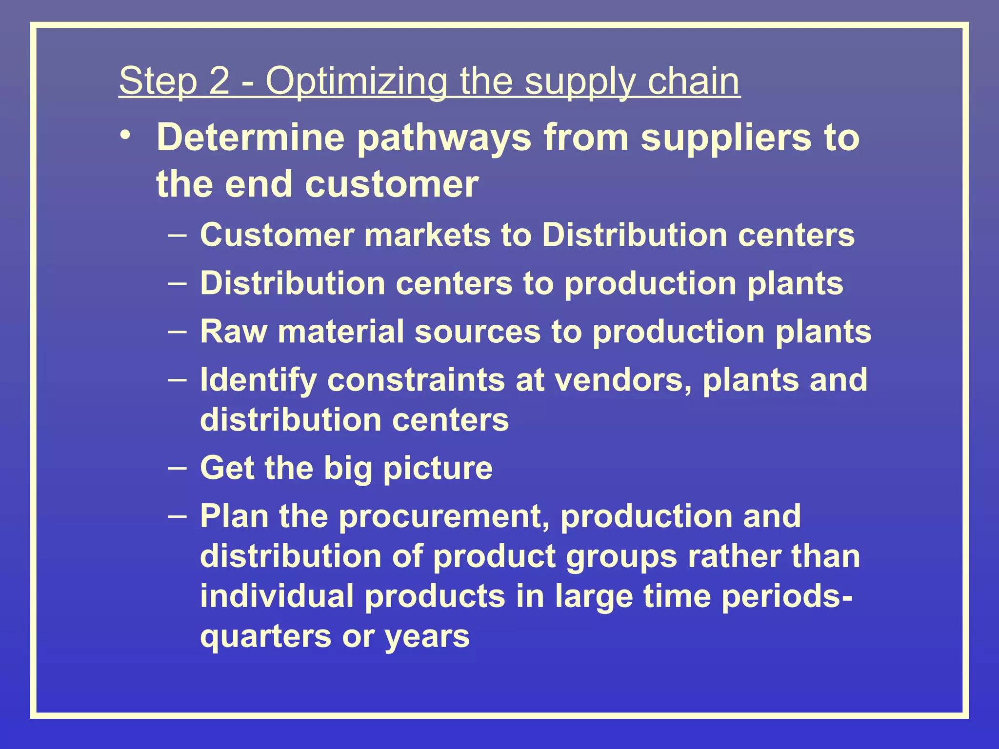 Step 2 - Optimizing the supply chain
• Determine pathways from suppliers to
  the end customer
  – Customer markets to Distribution centers
  – Distribution centers to production plants
  – Raw material sources to production plants
  – Identify constraints at vendors, plants and
    distribution centers
  – Get the big picture
  – Plan the procurement, production and
    distribution of product groups rather than
    individual products in large time periods-
    quarters or years
 