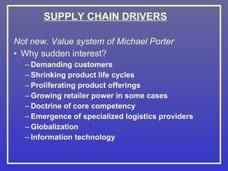 SUPPLY CHAIN DRIVERS

Not new. Value system of Michael Porter
• Why sudden interest?
  – Demanding customers
  – Shrinking product life cycles
  – Proliferating product offerings
  – Growing retailer power in some cases
  – Doctrine of core competency
  – Emergence of specialized logistics providers
  – Globalization
  – Information technology
 
