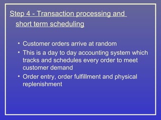 Step 4 - Transaction processing and
  short term scheduling

  • Customer orders arrive at random
  • This is a day to day accounting system which
    tracks and schedules every order to meet
    customer demand
  • Order entry, order fulfillment and physical
    replenishment
 