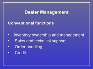 Dealer Management

Conventional functions

•   Inventory ownership and management
•    Sales and technical support
•    Order handling
•    Credit
 