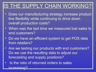 IS THE SUPPLY CHAIN WORKING?
• Does our manufacturing strategy increase product
  line flexibility while continuing to drive down
  overall production costs?
• When was the last time we measured lost sales to
  end customers?
• Do we have an efficient system to get POS data
  from retailers?
• Are we testing our products with end customers?
  Do we use the resulting data to adjust our
  forecasting and supply positions?
• Is the ratio of returned orders to sales
  increasing?
 