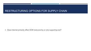 RESTRUCTURING OPTIONS FOR SUPPLY CHAIN

 Does Internet primarily affect SCM restructuring or only supporting tool?

 