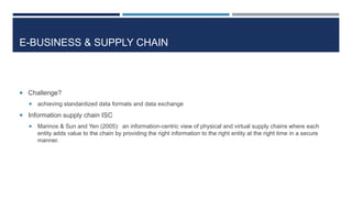E-BUSINESS & SUPPLY CHAIN

 Challenge?


achieving standardized data formats and data exchange

 Information supply chain ISC


Marinos & Sun and Yen (2005): an information-centric view of physical and virtual supply chains where each
entity adds value to the chain by providing the right information to the right entity at the right time in a secure
manner.

 