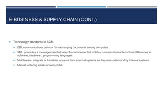 E-BUSINESS & SUPPLY CHAIN (CONT.)

 Technology standards in SCM


EDI: communications protocol for exchanging documents among computers.



XML: promotes a message-oriented view of e-commerce that isolates business transactions from differences in
software, hardware…programming languages.



Middleware: integrate or translate requests from external systems so they are understood by internal systems.



Manual ordering emails or web portal.

 