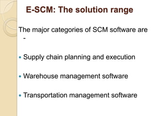 E-SCM: The solution range
The major categories of SCM software are


Supply chain planning and execution



Warehouse management software



Transportation management software

 