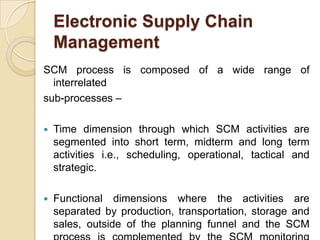 Electronic Supply Chain
Management
SCM process is composed of a wide range of
interrelated
sub-processes –


Time dimension through which SCM activities are
segmented into short term, midterm and long term
activities i.e., scheduling, operational, tactical and
strategic.



Functional dimensions where the activities are
separated by production, transportation, storage and
sales, outside of the planning funnel and the SCM

 